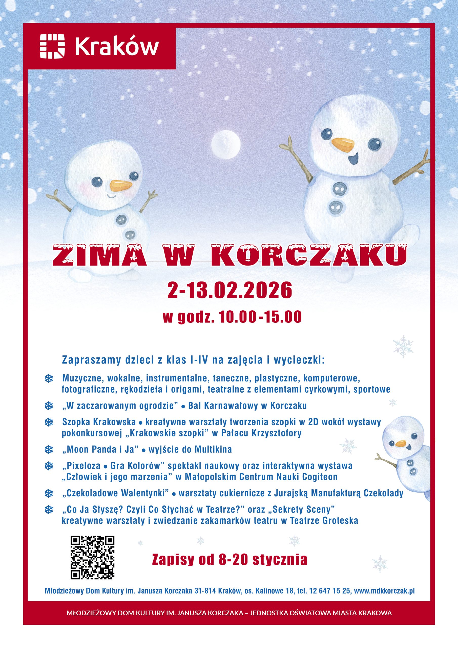 plakat: zima w korczaku 2026 z QR