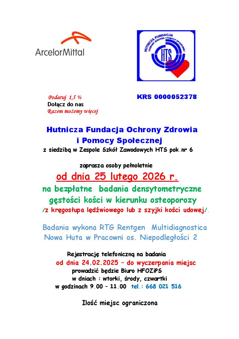 Bezpłatne badania densytometryczne gęstości kości w kierunku osteoporozy