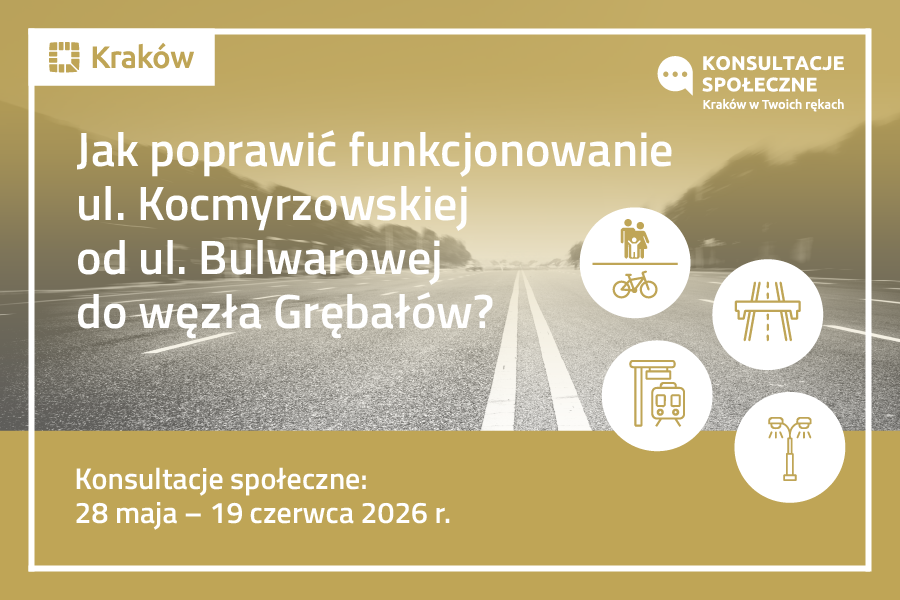 Plakat Konsultacji społecznych poprawa funkcjonowanie Kocmyrzowskiej od ul. Bulwarowej do węzła Grębałów?