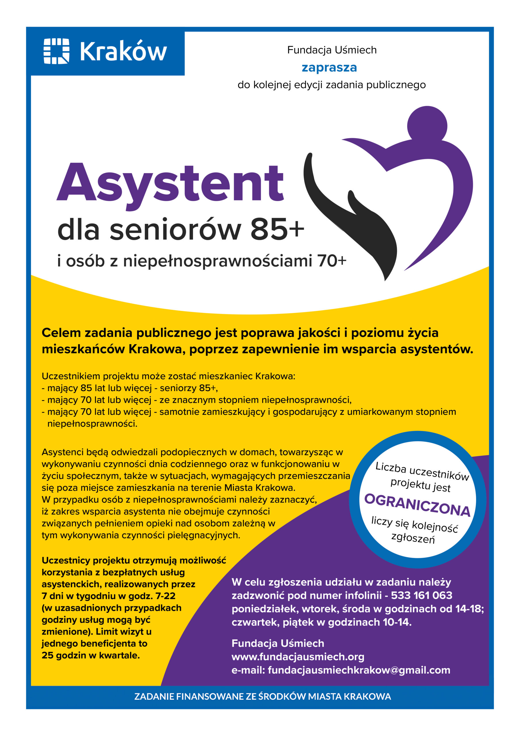 Plakat informujący o programie Asystent dla seniorów 85+ i osób z niepełnosprawnościami 70+