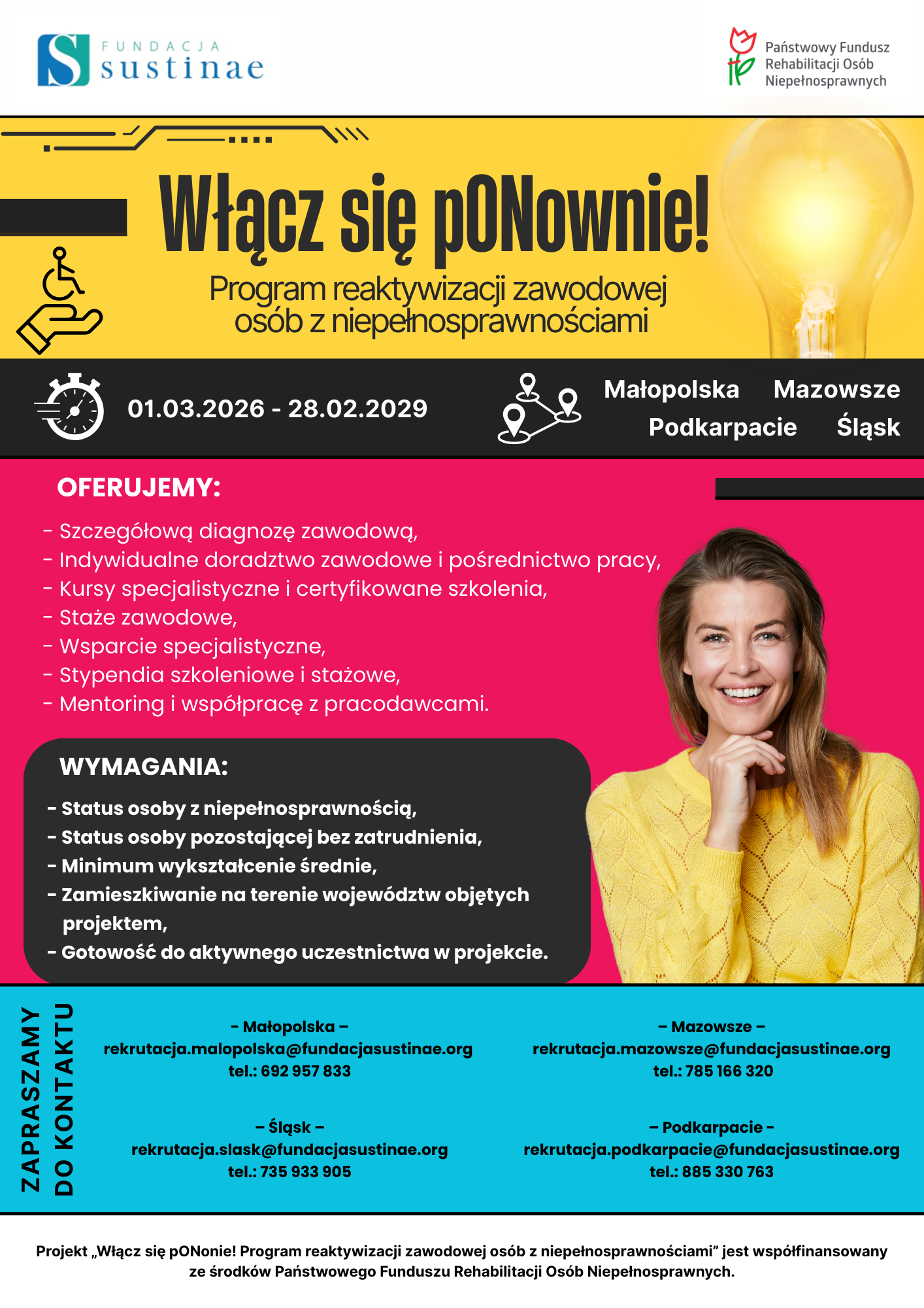 „Włącz się pONownie! Program reaktywizacji zawodowej osób z niepełnosprawnościami”, który jest realizowany przez Fundację Sustinae i współfinansowany ze środków Państwowego Funduszu Rehabilitacji Osób Niepełnosprawnych.