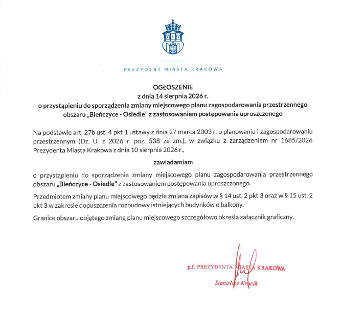 Ogłoszenie Prezydenta Miasta Krakowa z dnia 14 sierpnia 2026 r. o przystąpieniu do sporządzenia zmiany miejscowego planu zagospodarowania przestrzennego obszaru "Bieńczyce - Osiedle" z zastosowaniem postępowania uproszczonego