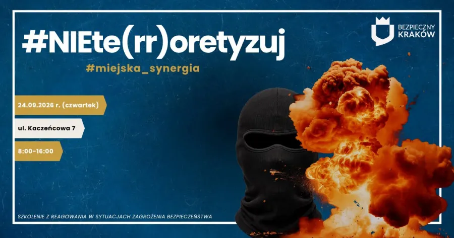 Jak właściwie reagować w przypadku aktywnego napastnika, zagrożenia bombowego czy sytuacji zakładniczej? Jak postępować, gdy otrzymamy podejrzaną przesyłkę lub wystąpi zagrożenie CBRN? Odpowiedzi na te pytania będzie można poznać podczas bezpłatnego szkolenia „NIEte(rr)oretyzuj”, organizowanego w ramach programu „Bezpieczny Kraków”. 