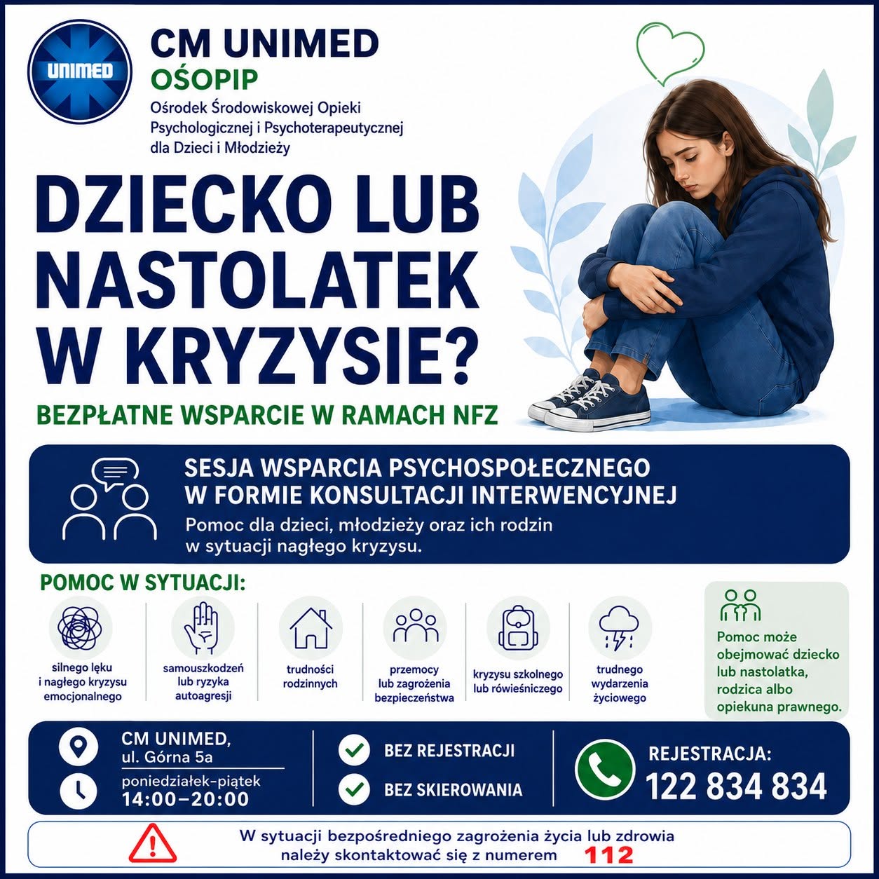 informacja o dostępnej bezpłatnej pomocy dla dzieci i młodzieży znajdujących się w nagłym kryzysie psychicznym lub emocjonalnym.